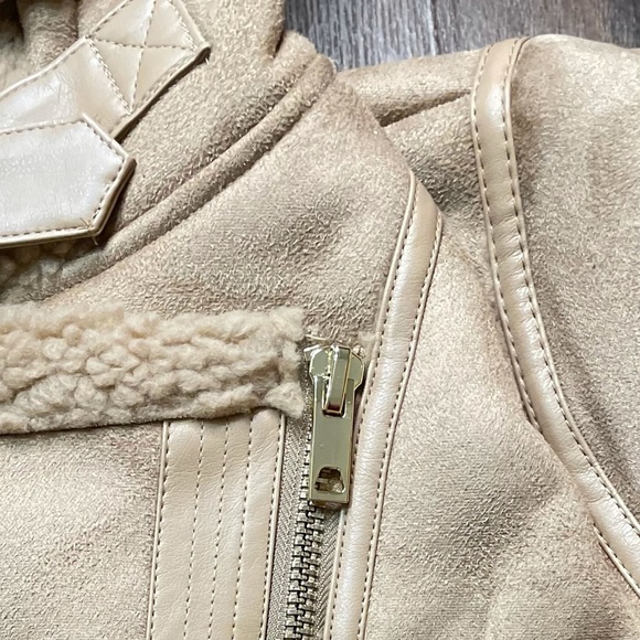 TAUPE BROWN FAUX FUR SUEDE MOTO JACKET BIKER COAT - Picture 14 of 14